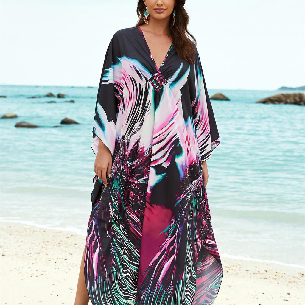 YYFS Dámská móda Dovolená Léto Jaro Potisk ohňostroje Dlouhý rukáv Výstřih do V Ležérní šaty