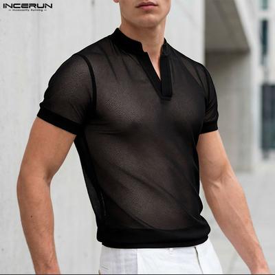 Heren V-hals Korte Mouw Mesh Doorzichtig Uitgesneden Zomer T-shirts Tops