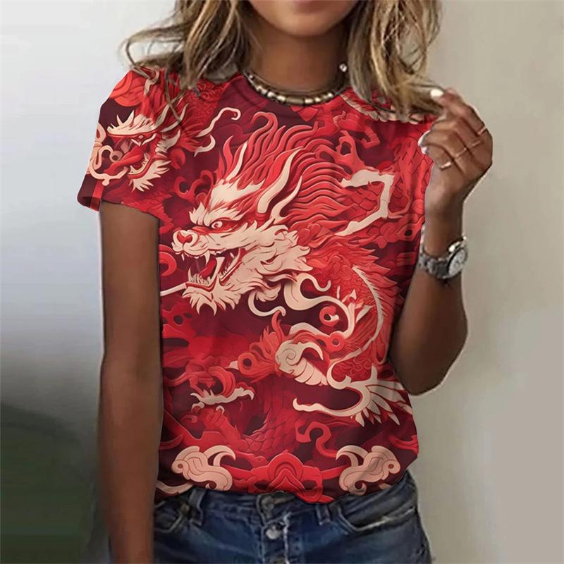 Round Neck 3D Dragon Printed Top Fashionable Casual Short Sleeved Women's T-shirts - Soft Medium Stretch Polyester Fabric Summer Relaxed Fit Clothing