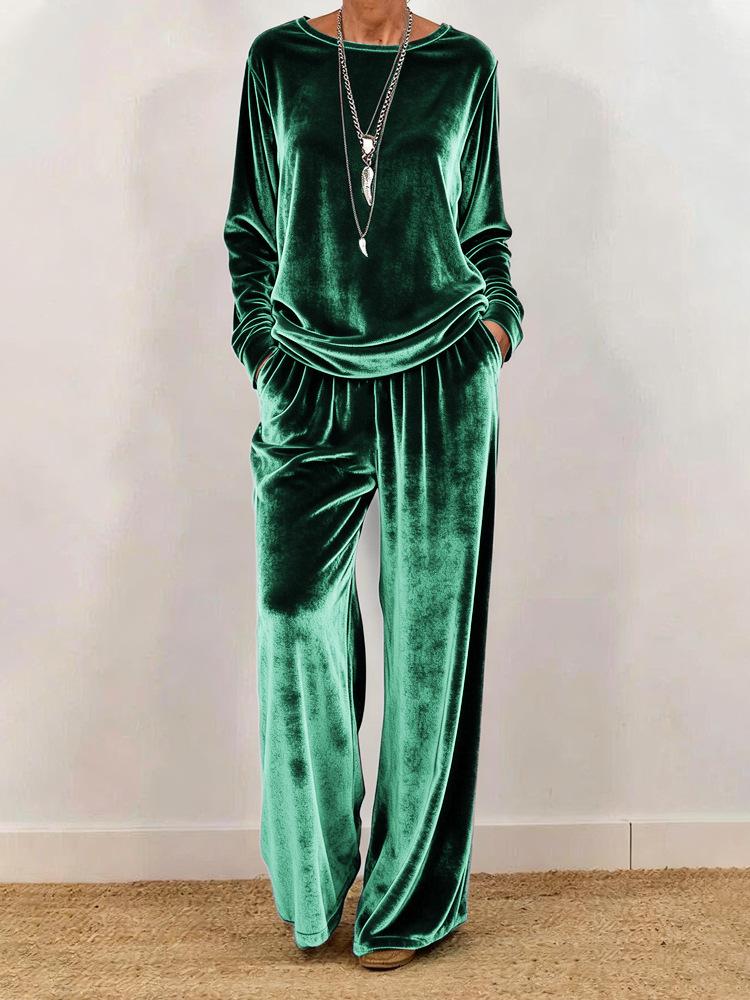 Women's Velvet Long Sleeve Top and Wide Leg Pants Set In 5 Colors