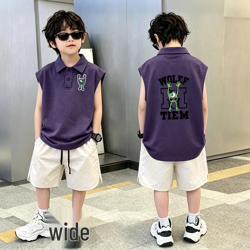 New Summer Collection: Boys' Korean Style Loose Polo Vest Set - Cool & Handsome Lapel Sleeveless Top for Medium and Large Kids
