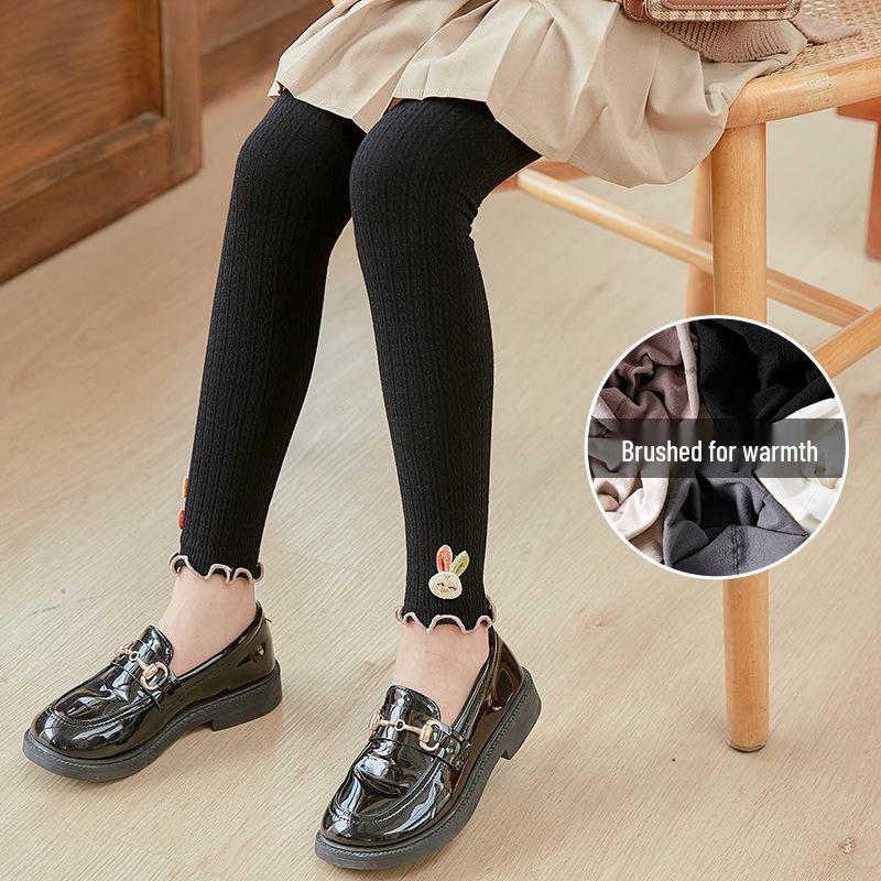 Girls' Fleece-Lined Cable Knit Leggings with Lace Trim for Autumn & Winter