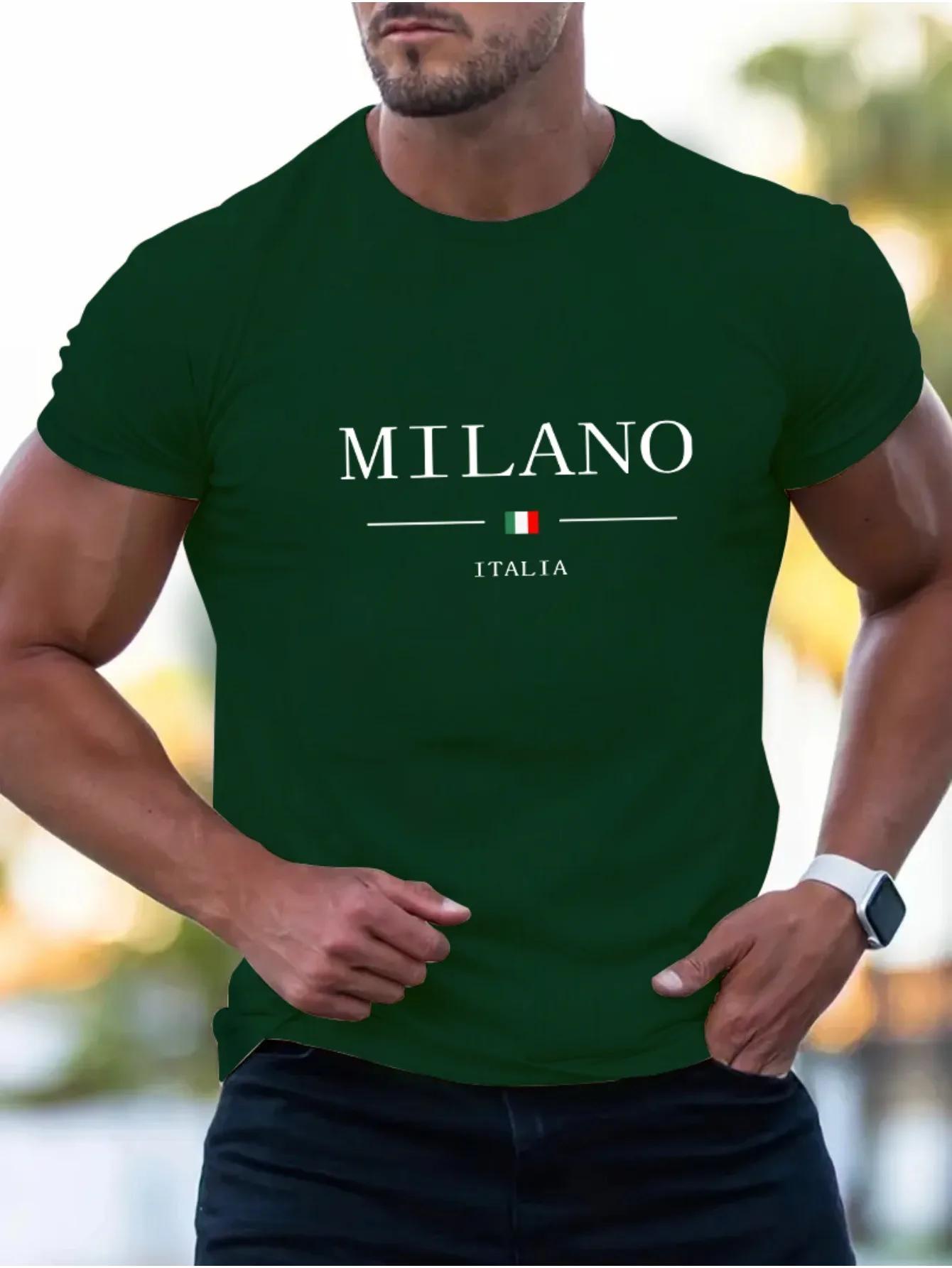 

Summer New Men 100% cotton high quality Milano print comfortable shopping crewneck short sleeve T-shirt top casual sport loose 4XL