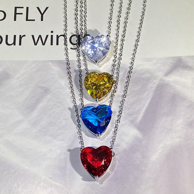 925 Sterling Copper Choker Simple Heart Gemstone Emerald Diamond Ruby Aquamarine White Gold Necklace Women Jewelry Party Gift