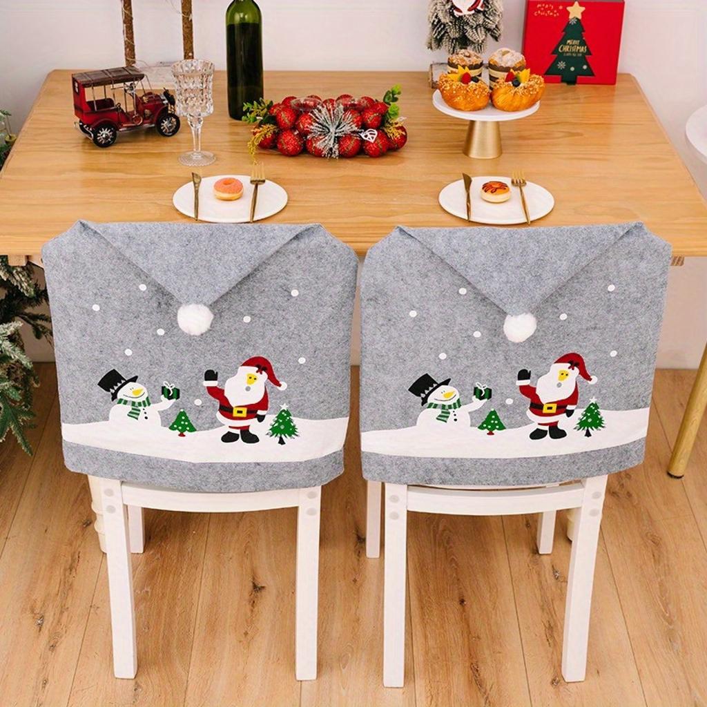 Christmas Gray Printed Chair Covers With Santa And Snowman Designs, Non-Woven Fabric Chair Slipcovers With Adorable Pom-Pom For Holiday Home Decor