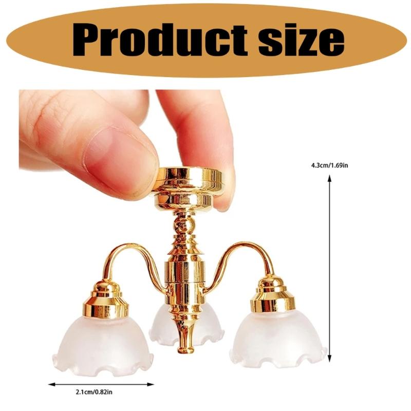 1/12 Dollhouses Chandelier 3 Head Ceiling Lamp LED Light Model with Gold Base Designs for Living Room Scene Decors