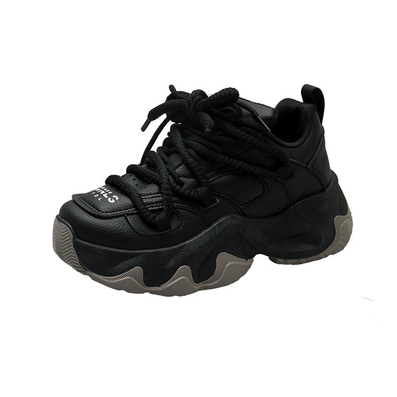 Black Women Chunky Leather Sneakers High Platform Ulzzang Sports Shoes New 2025 Spring Thick Bottom Women's Wedge Casual Shoes