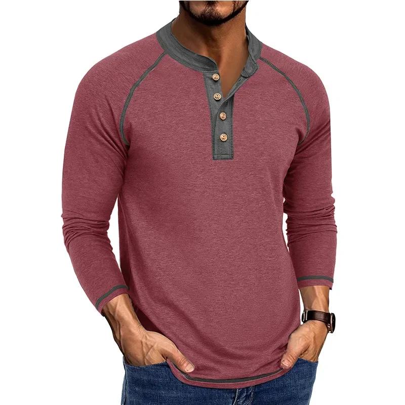 Men's Long Sleeve Henry Neck T-Shirt Fashion Sports Business Casual Tees Tops Man