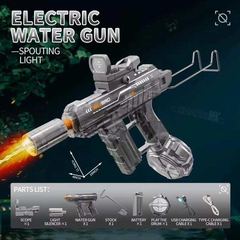 Powerful Uzi Electric Water Gun With Light Up Glowing Silencer Automatic Water Blaster For Summer Outdoor Shooting Games
