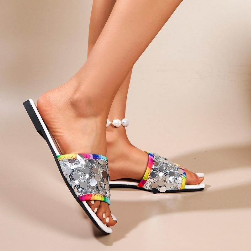 Women's Flat Sequined Sandals New Summer Square Toe Plus Size Slipper