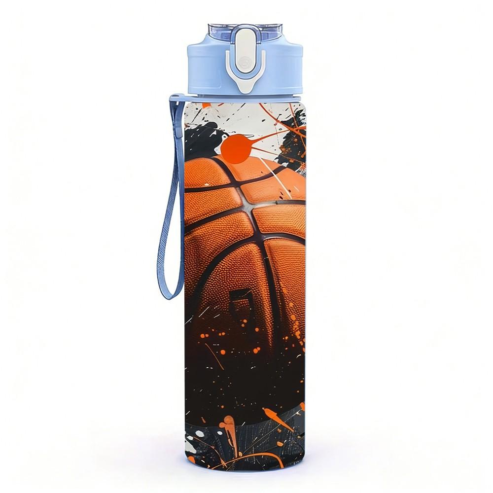 1 Stück Dunkler Spritzer Basketball Sportdruck 750 ml Farbe Kunststoff Sportwasserflasche Auslaufsicher Klappdeckel mit Strohhalm Geeignet für Sport Büro Zuhause