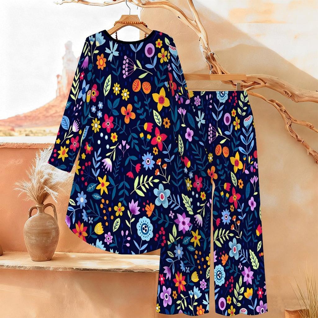 Floral Print Two Piece Outfit Women Long Sleeve Irregular Hem Tunic Top Wide Leg Pants Casual Matching Set