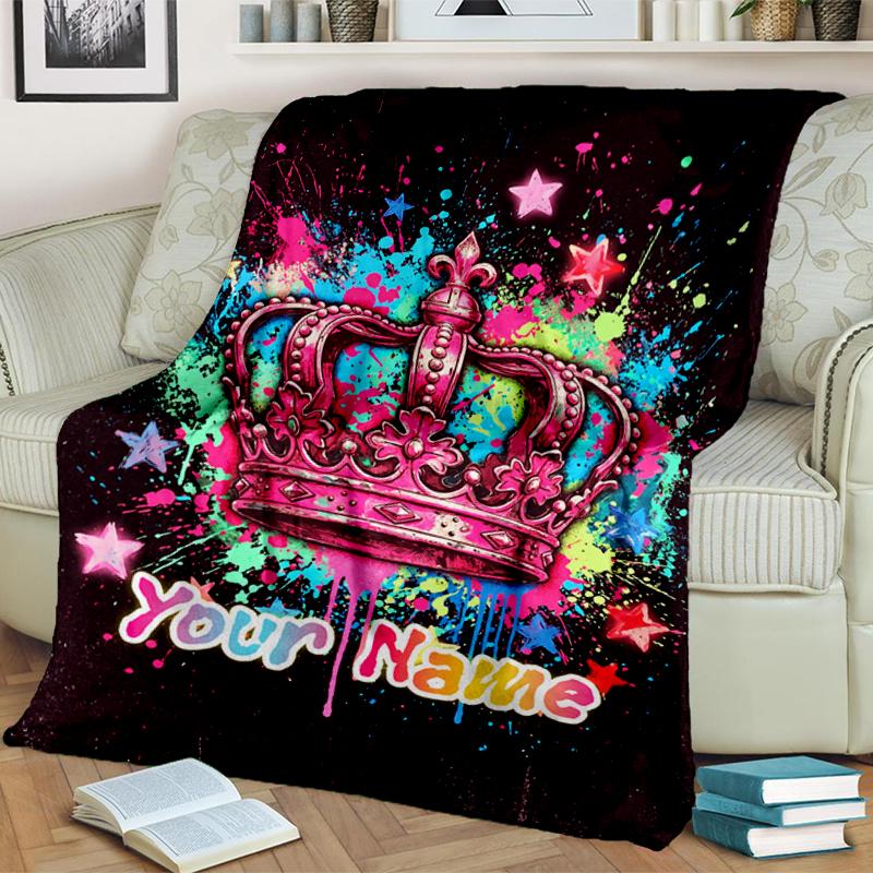 1PC Custom Name Crown Stars Graffiti Art blanket versatile,all-season throw suitable for the living room,bedroom,camping,travel,and gift