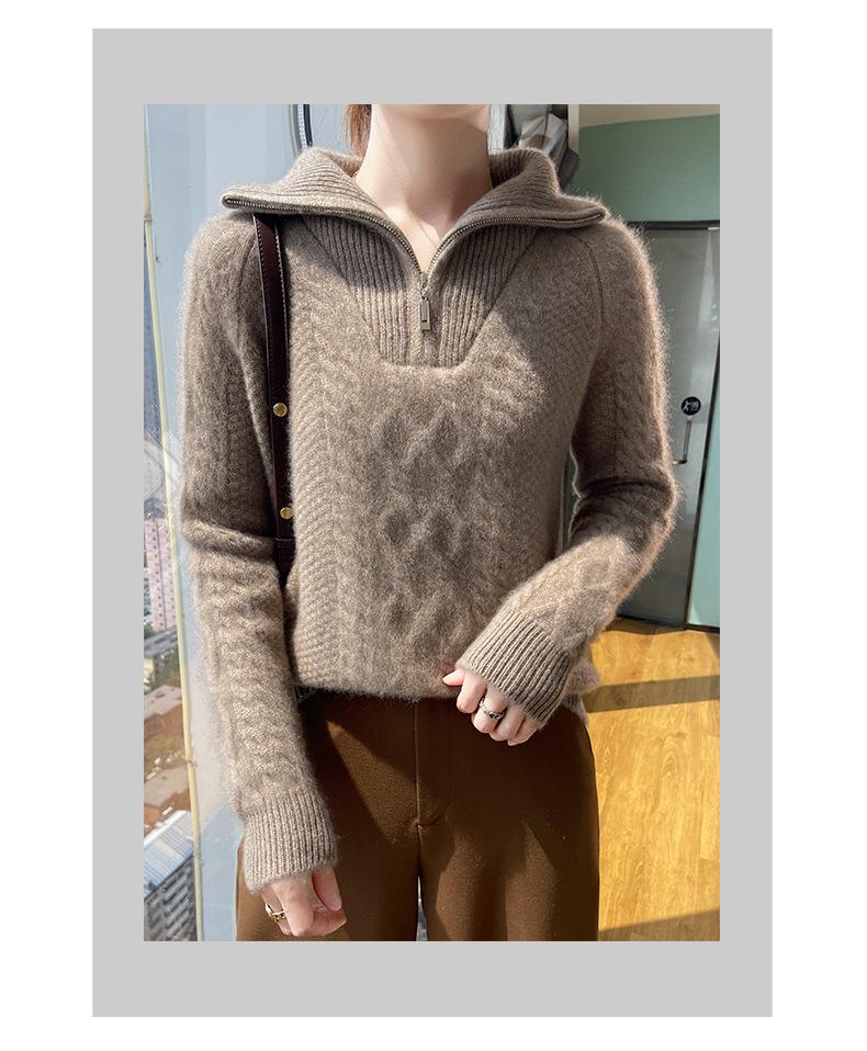 Women's Heavyweight Thickened 100% Wool Half-Zip Sweater, Autumn/Winter Fashion, Versatile Knitwear with Large Turn-Down Collar.