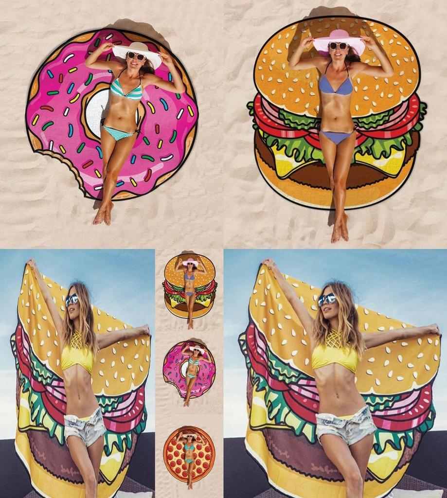 Hamburger Donuts Pizza Design Strandtuch für Kinder und Erwachsene aus Polyesterstoff für Pool und Strand