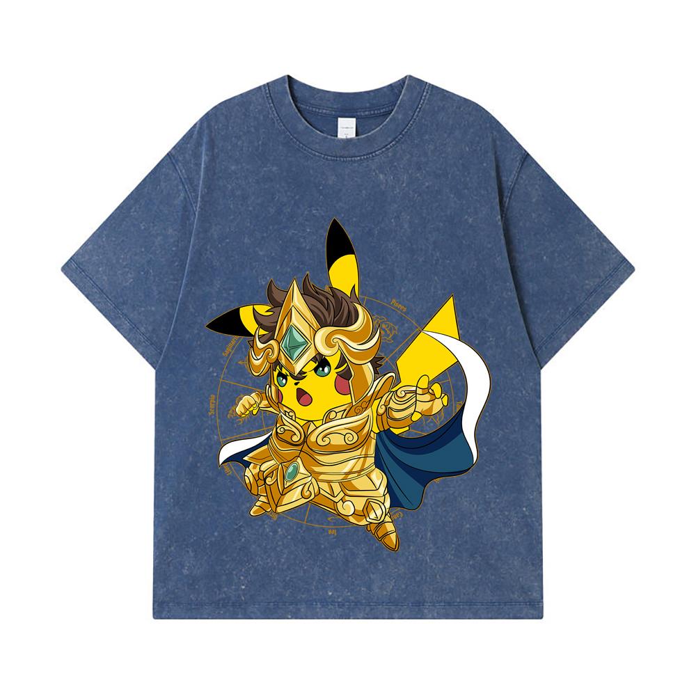 275 GSM Gewaschene T-Shirts 100% Baumwolle Pokemon V25 Pikachu Leo Print Unisex Schweres Baumwoll-T-Shirt