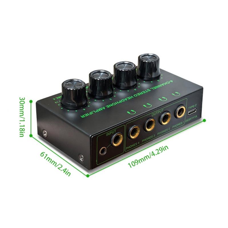 4 Channel Headphone Amplifier Portable Mini Earphone Splitter with Independent Control Low Noise Output for Studio Stage
