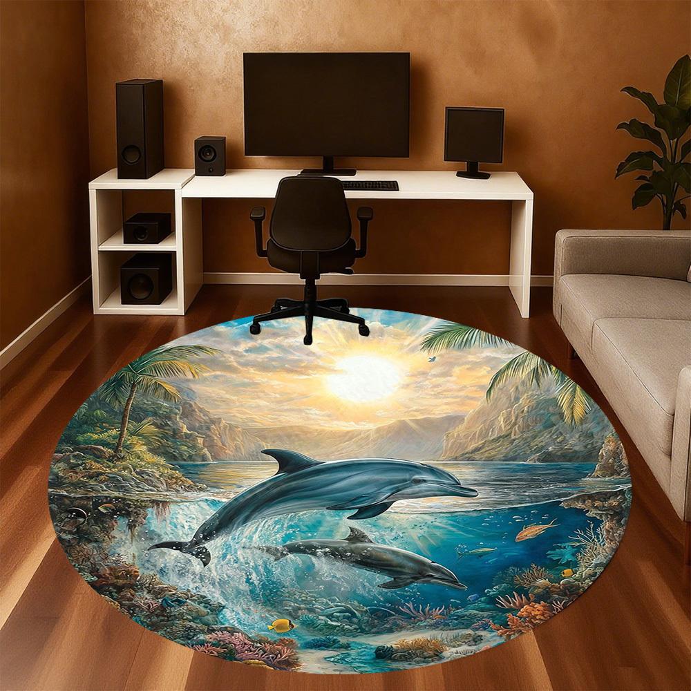 1PC dolphins ocean Office Round Area Rug, Under Office Chairs Bedroom Living Room Home Decor,Carpet for Office, -1110229