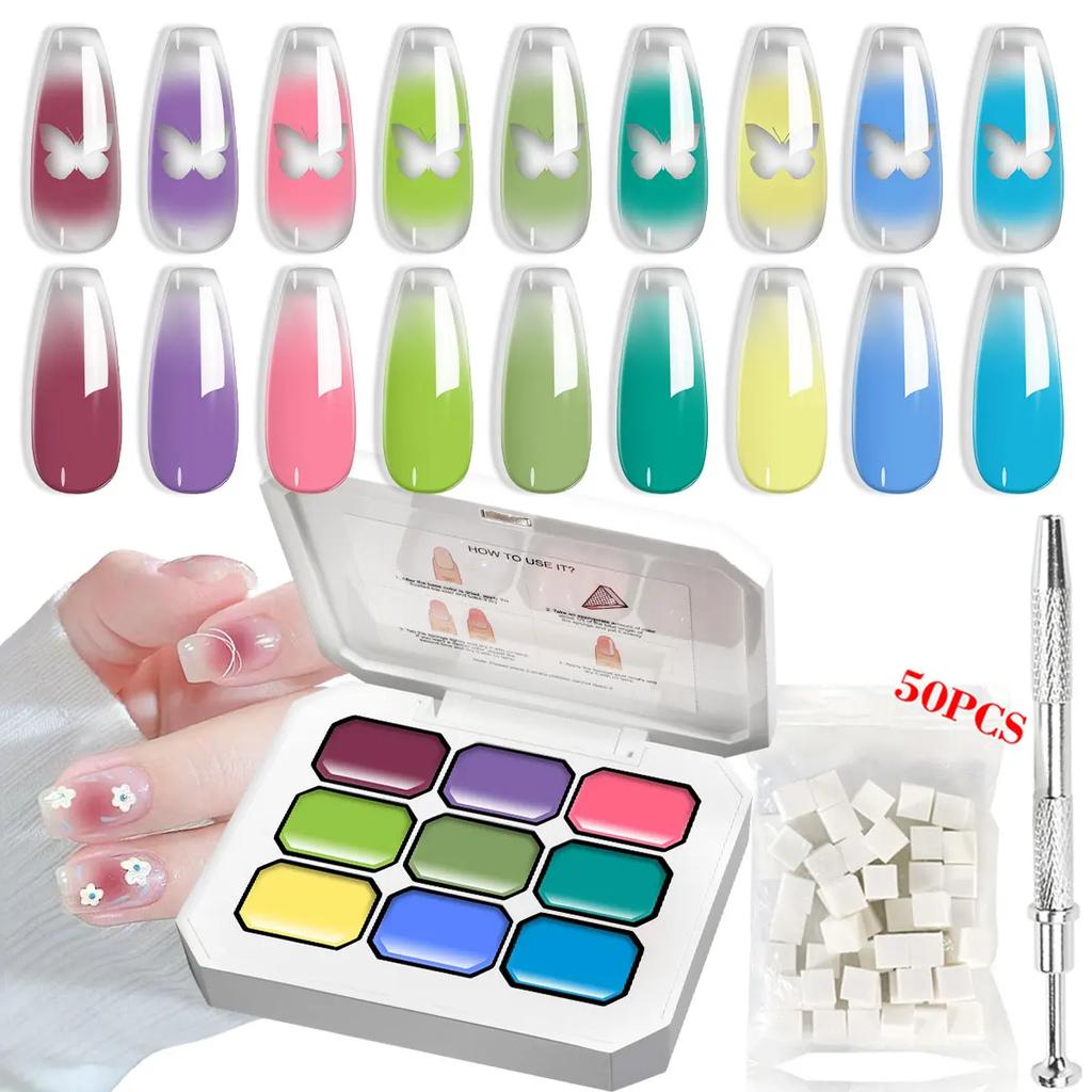 LIMEGIRL 7IN1 Gradient Painting Gel Kit 9 Grid Gradient Color Solid Nail Polish with 50pcs Sponge Nail Art DIY Color Gel Kit
