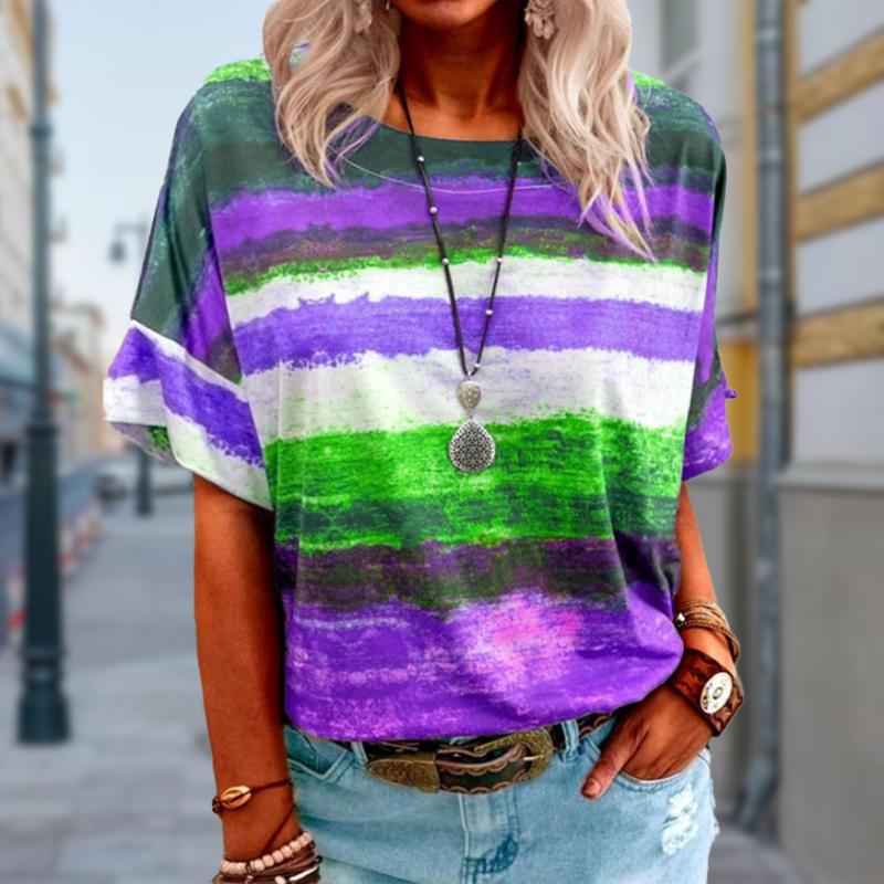Damski Letni T-shirt Trend Paski Nadruk Retro Moda Krótki Rękaw T-shirty Casual Nadrukowane Topy