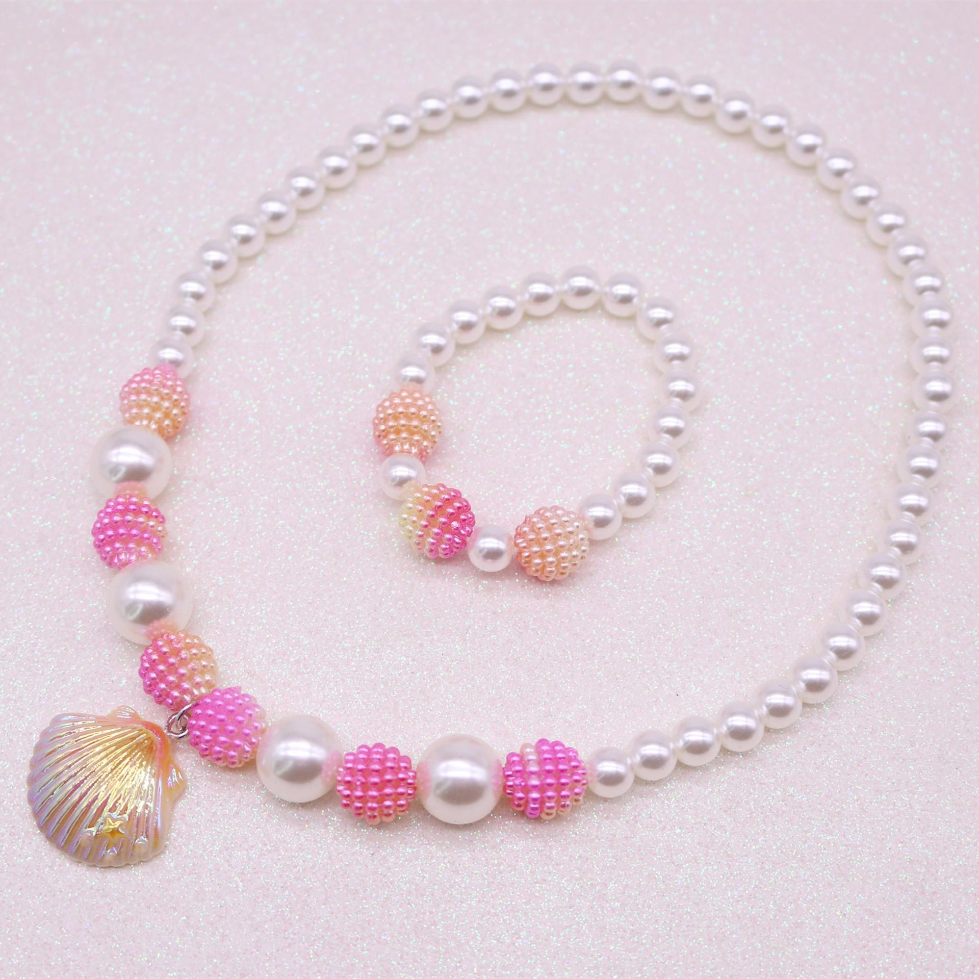 

2 ШТ Дитячий набір намиста та браслета з морських мушель, намисто з бісеру русалки, дитячий набір прикрас для дівчинки, подарунок на день народження, реквізит для фото рожевий червоний колір