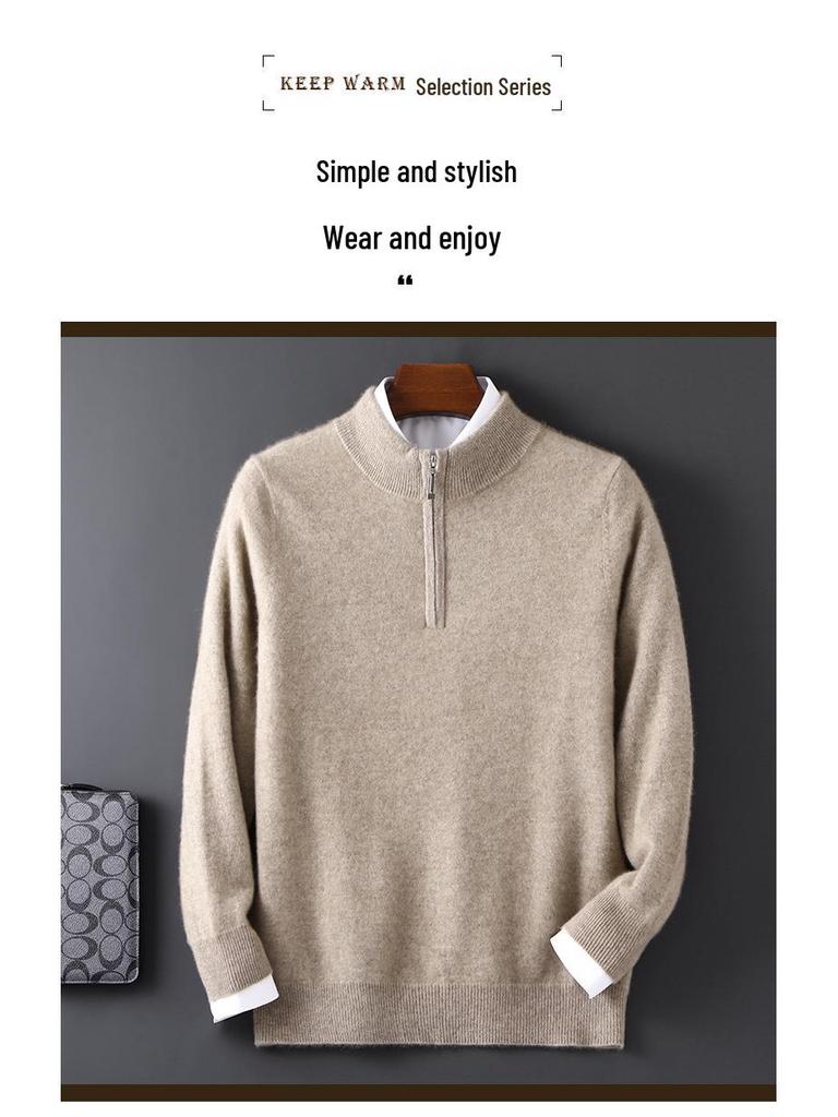 Men's 12-Gauge Zipper Sweater with Half-High Collar - Versatile Knitwear for Autumn/Winter Commute