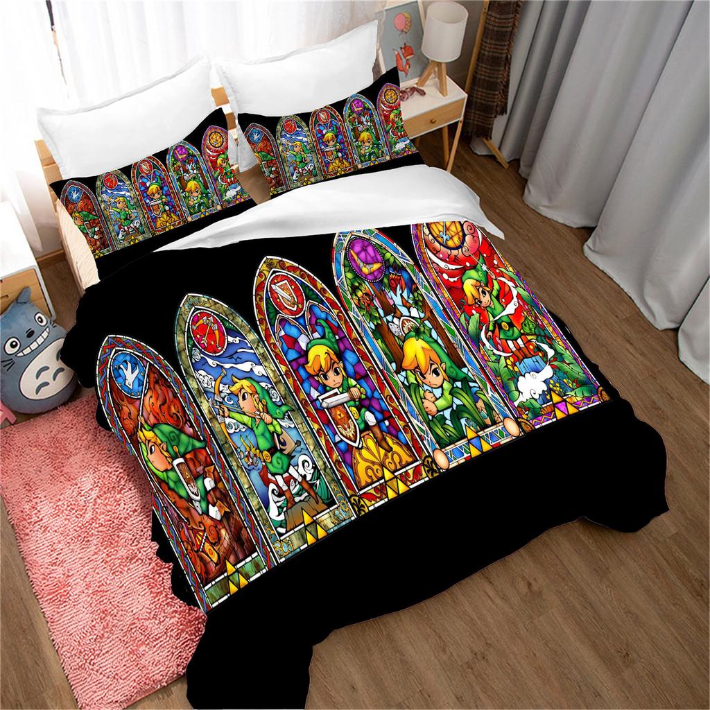 Legend of Zelda Santa Claus Christmas Tree Reindeer Anime Printed Bedding Set Duvet Cover Queen Cotton Cute Cartoon Quilt Cover