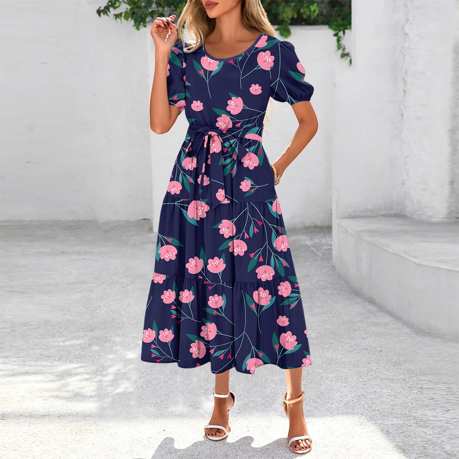 

Жіноча літня сукня максі з короткими рукавами, круглим вирізом, поясом на талії, богемна, вільна, багатошарова, з кишенями S чорний