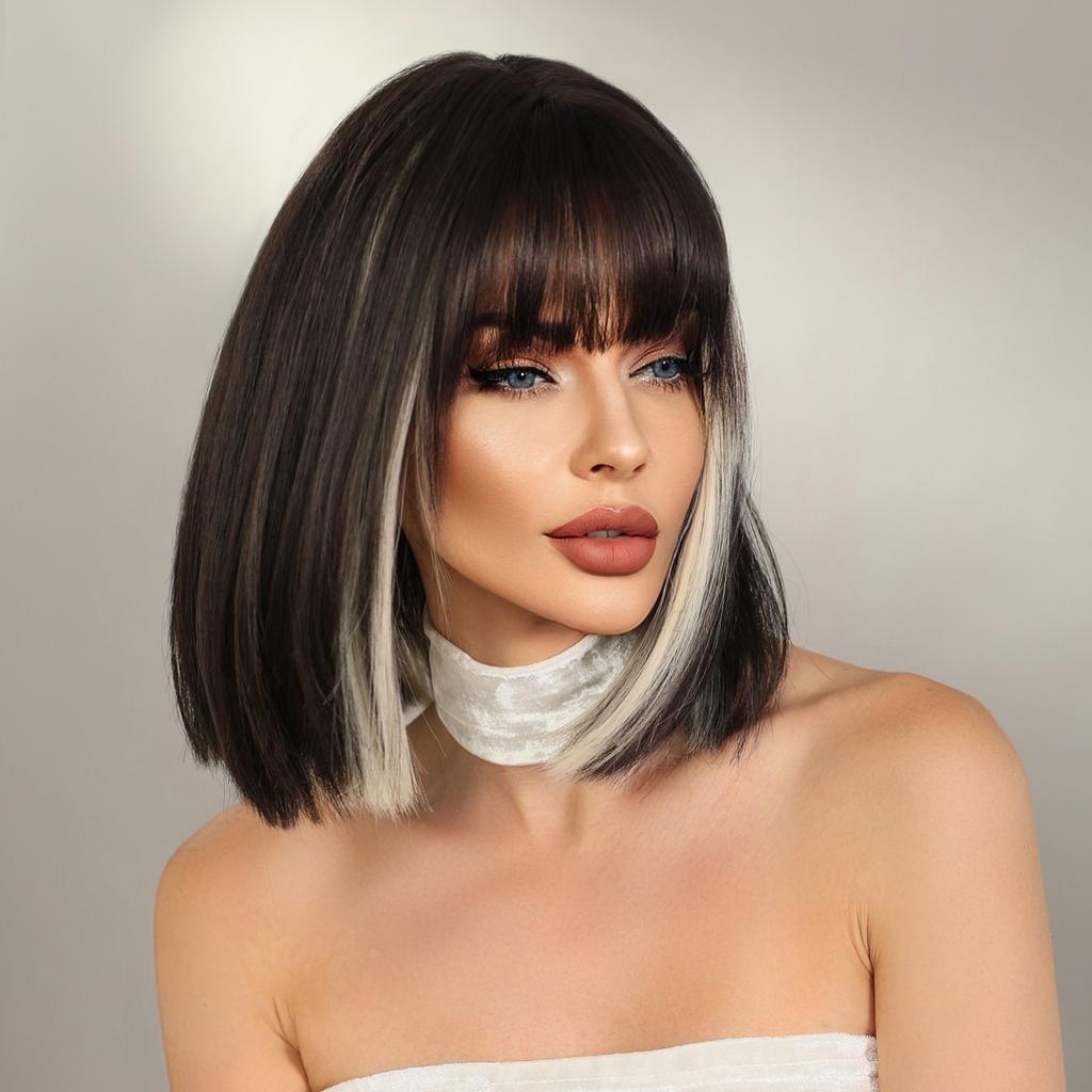 Highlight Gerade Bob Perücke für Frau Tägliche Party Cosplay Perücke Synthetische Schwarz Weiß Haar Perücken mit Pony Hitzebeständig