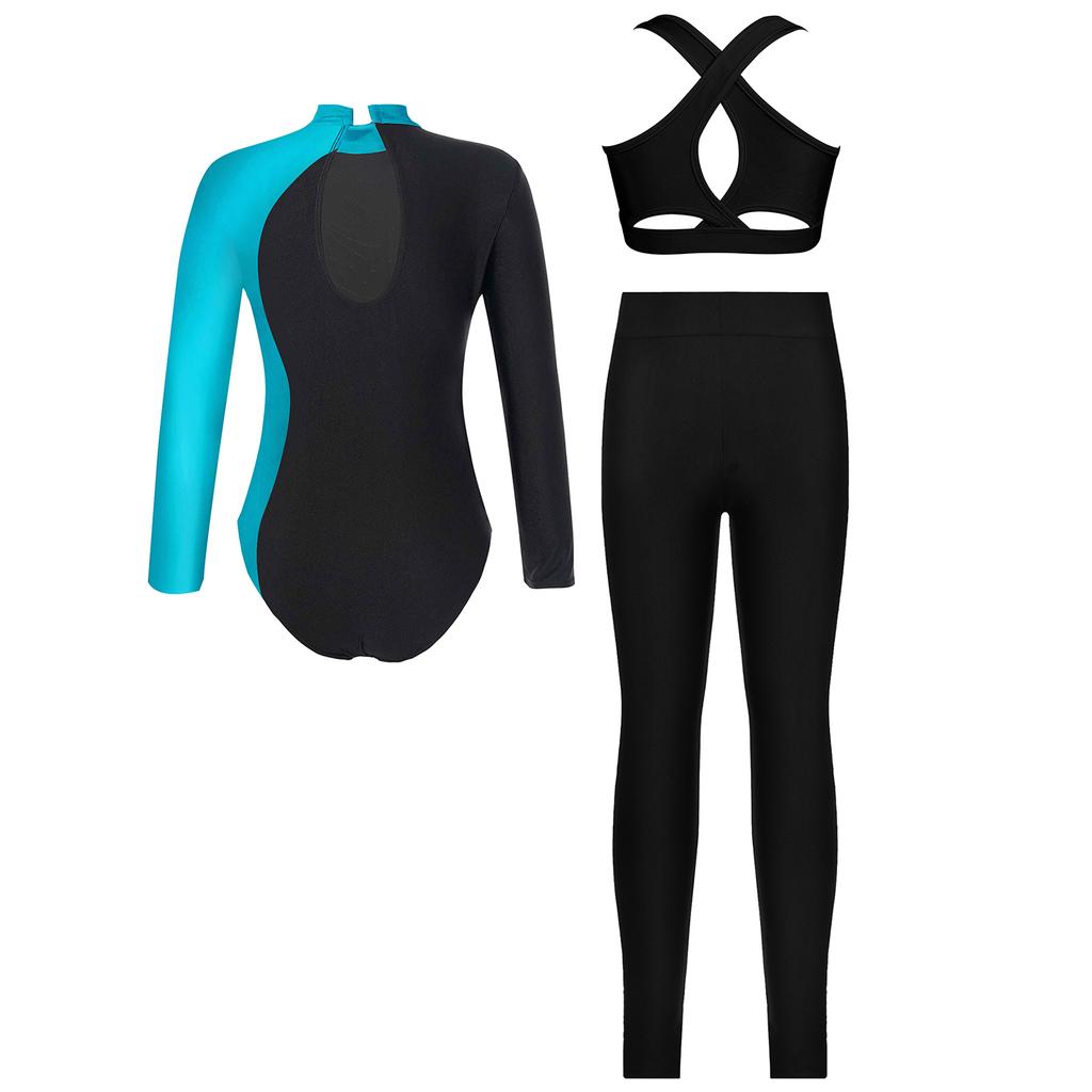 Girls Gymnastics Dance Costume Mock Neck Long Sleeve Keyhole Back Shiny Rhinestones Leotard Set