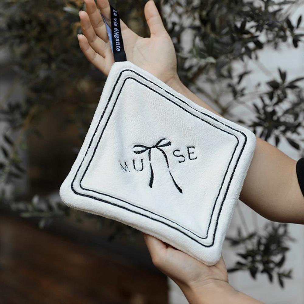 Cute Coral Velvet Bow Tie Embroidery Hanging Hand Towel for Bathroom No-shedding Double-layer Absorbent Quick-dry Kitchen Towel