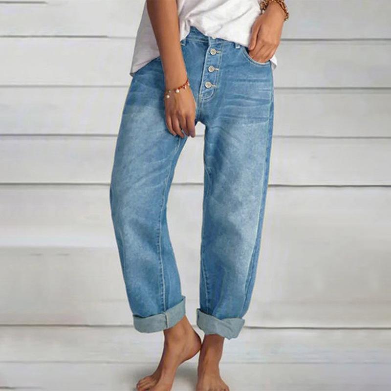 Women's Mid Rise Straight Leg Jeans Loose Fit Vintage Solid Color Washed Denim Pants Retro Casual Spring All-match Long Trousers