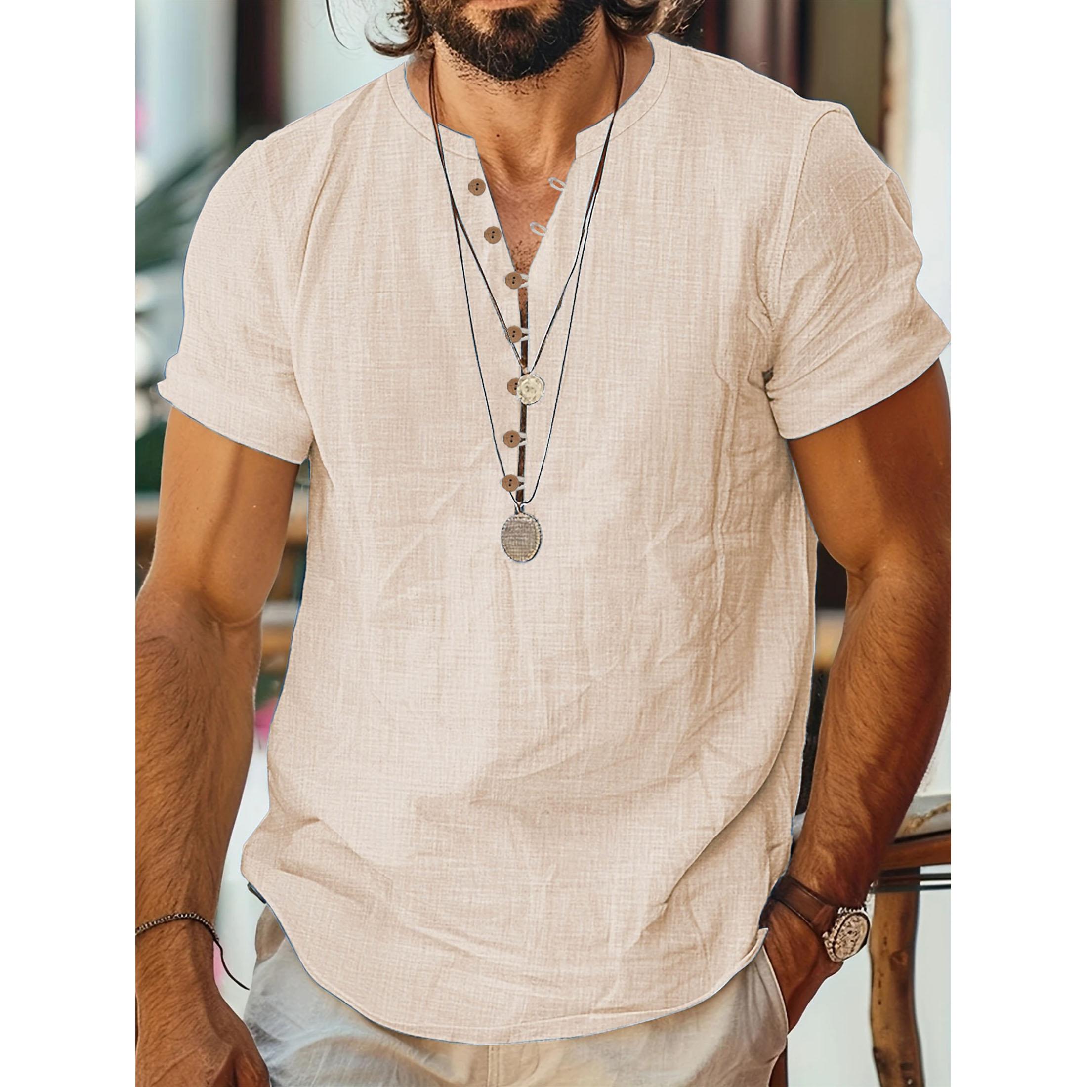 Neues Herren Baumwollleinen Kurzarmhemd, Knopfdesign, lässiges Modeoberteil für Herren L beige