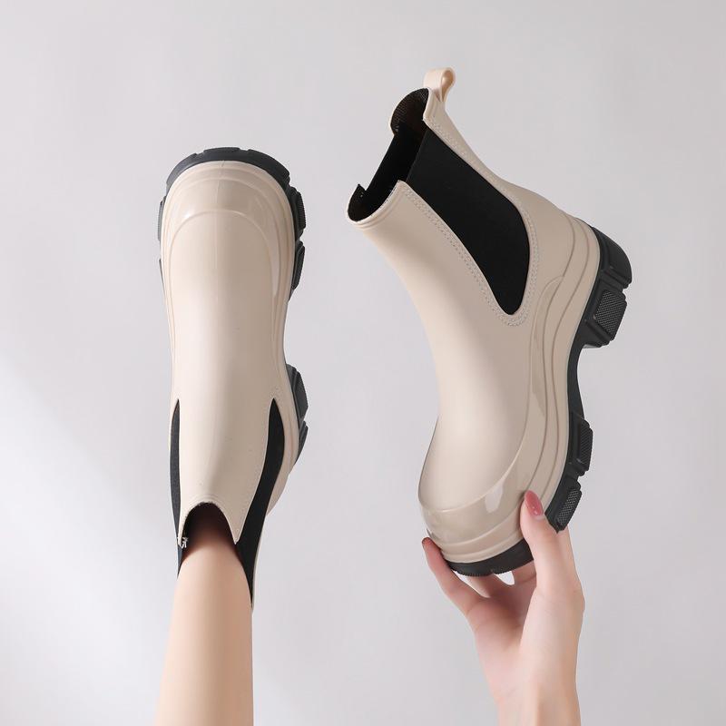 Korean Style Women's Waterproof Chelsea Rain Boots - Mid-Calf Rubber Overshoes with Thick Sole Fashion.