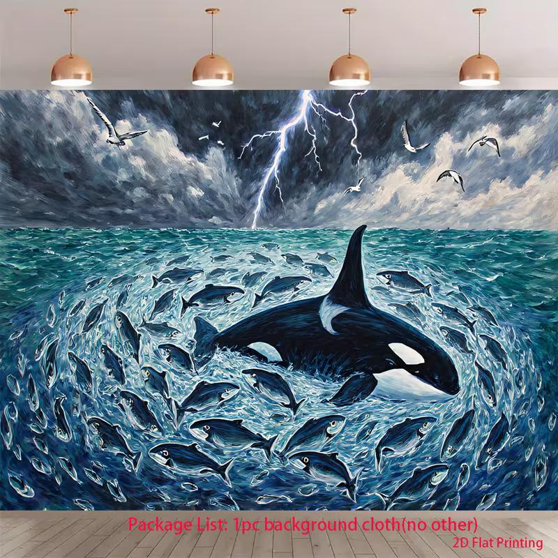 2D Orca Whale Painting Backdrop, Ocean Lightning Background Cloth for Artistic Photoshoot 47.2x31.5inch/120*80cm