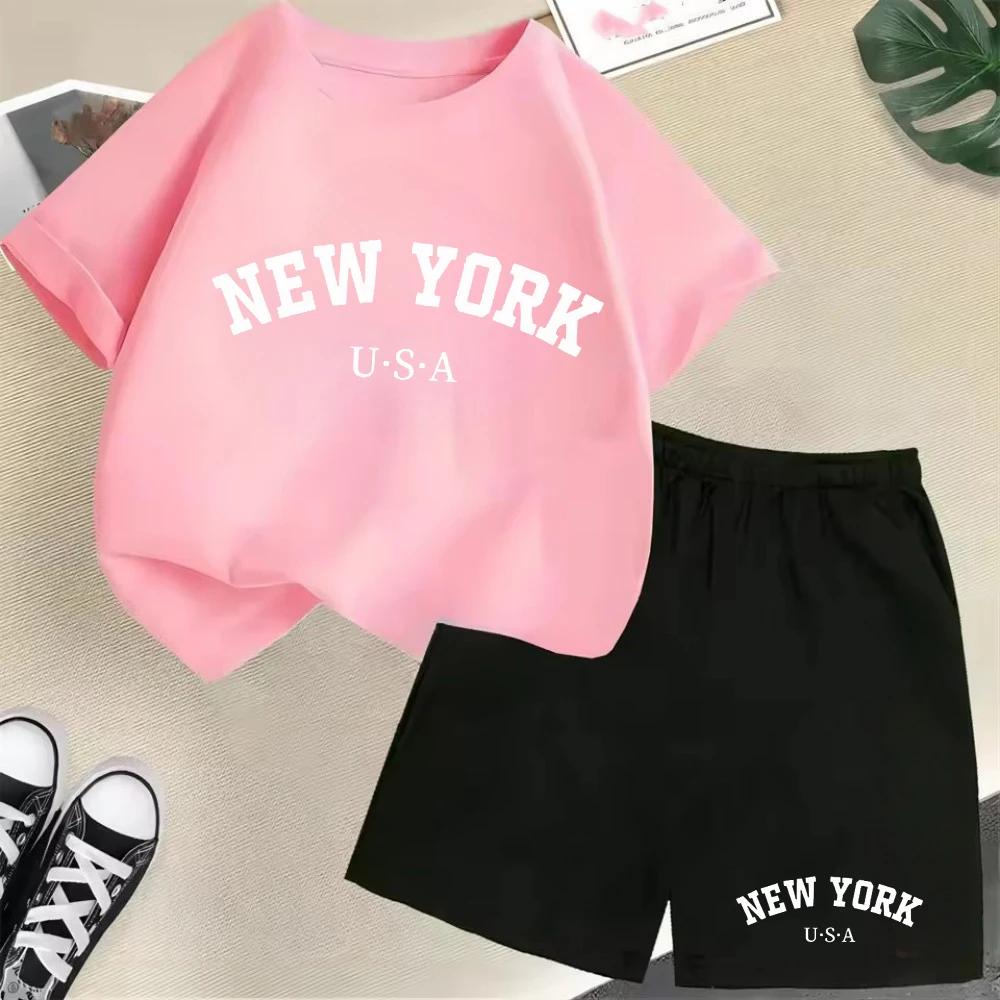 2026 New Kids Boys Girls New York Letter Pattern Polyester T-shirt+Shorts 2-Piece Set Casual Daily