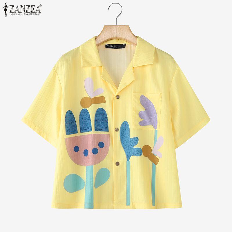 ZANZEA Women Casual Turn Down Collar Short Sleeve Loose Print Blouse