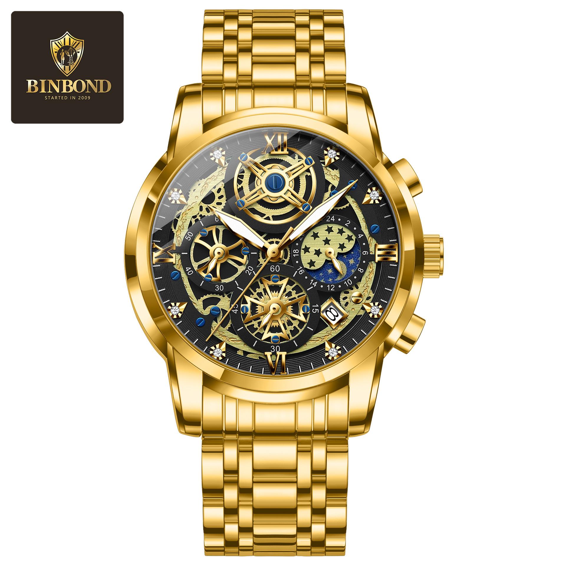

BINBOND Luxury Man Watch Waterproof Luminous Chronograph Date Men Watch Stainless Steel Quartz Men s Watches золотой