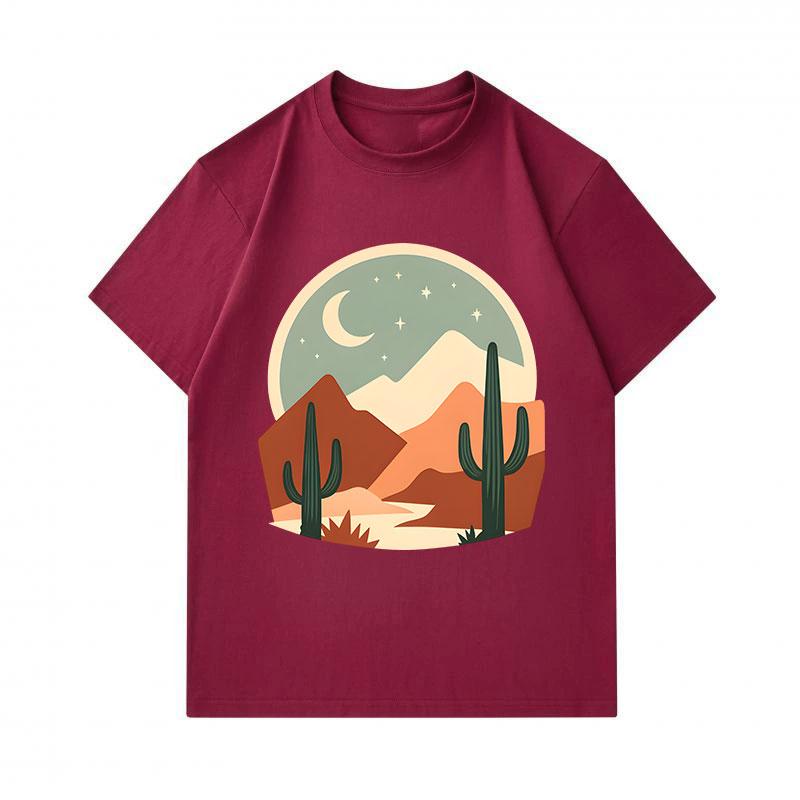 Men's 100% Cotton Crew Neck Short Sleeve T-Shirt, Retro Desert Night Cactus Mountain Print Casual Comfortable Summer Tee for Daily Wear
