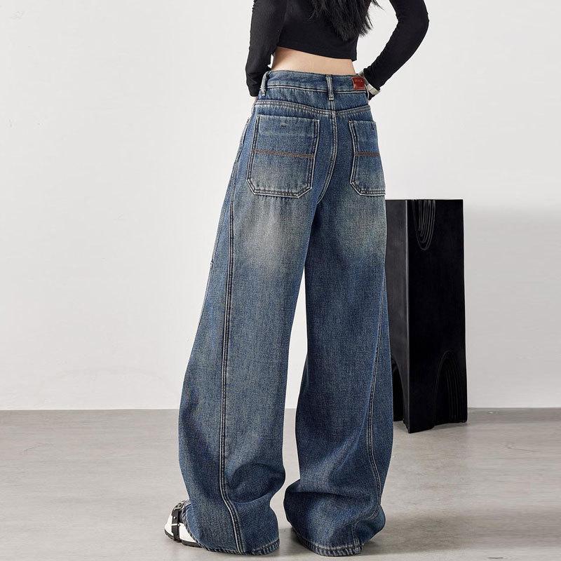 Retro American-Style Plus-Size Jeans for Pear-Shaped Women - Straight Loose Fit, Floor-Length, Curved Leg Pants