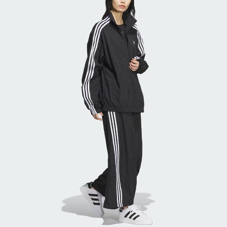 Adidas Jachetă de sport supradimensionată Originals, cu trei dungi colorblock, pentru femei, negru JJ3361