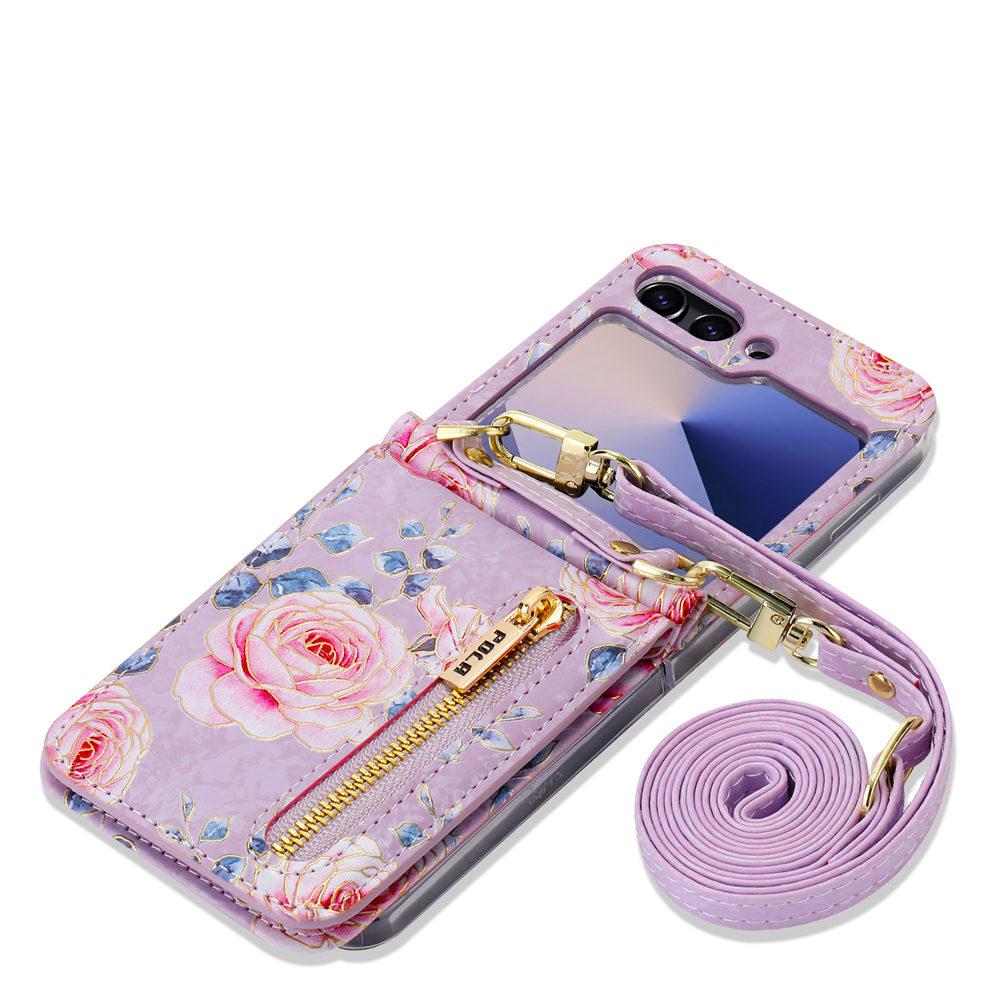 Zipper Crossbody Wallet Cards Slot Flower Case For Samsung Galaxy Z Flip 7 6 Flip 5 4 3 Leather Long Lanyard Strap Cover