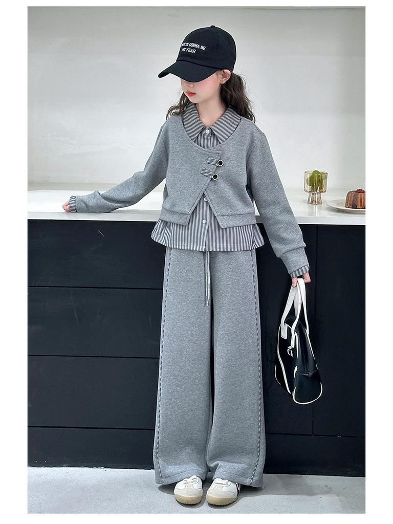 Girls' 2025 Fleece-Lined Set: Trendy Two-Piece Striped Top & Casual Pants for Autumn/Winter