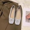 Fashion Flat Shoes for Women Spring  Autumn 2024 New Square Toe Silk Shallow Bow  Scoop Shoes Large Size 42 43 44  Ladies Shoes Women