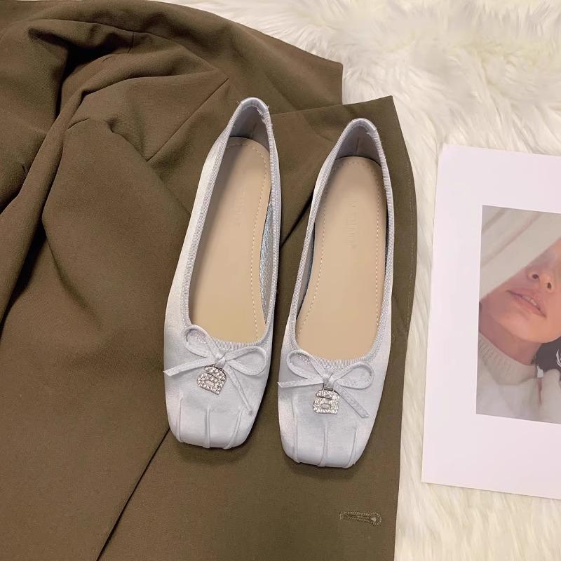Fashion Flat Shoes for Women Spring  Autumn 2024 New Square Toe Silk Shallow Bow  Scoop Shoes Large Size 42 43 44  Ladies Shoes Women