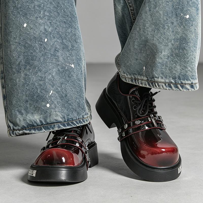 Men Punk Loafers Dress Boots Elevator Shoes Black Red Round Toe Big Head Leather Shoes Thick Sole Platform Shoes Plus Size