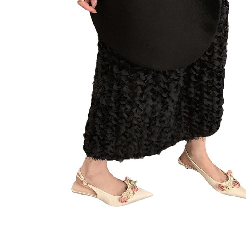 Fashion sweet flower decoration silk sandals women slingback summer party shoes pointed toe pink floral sandalias mujer bwotie sandales