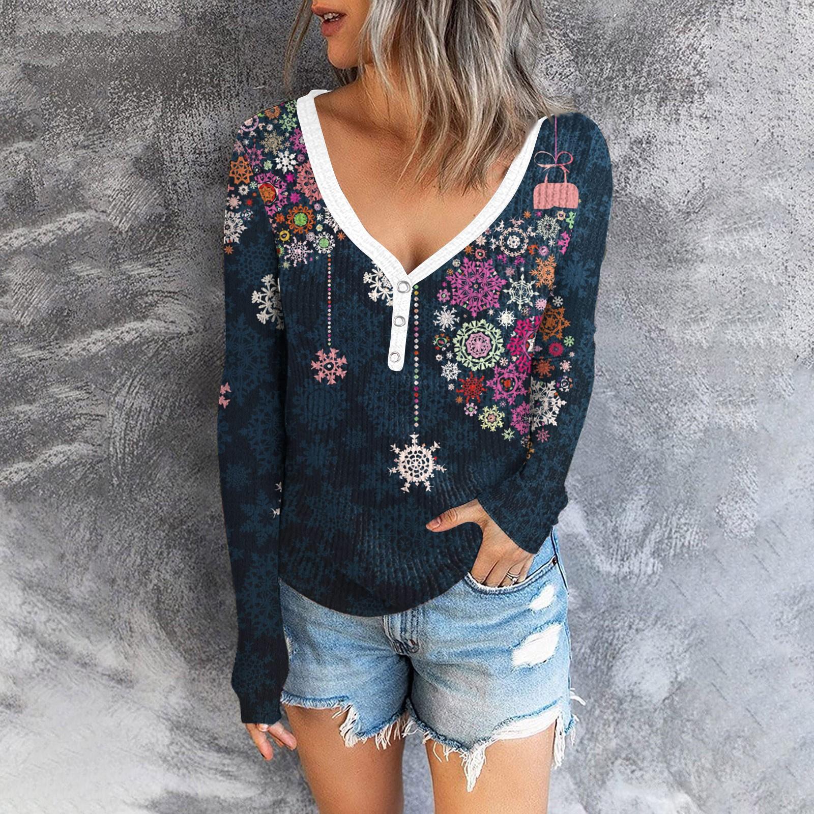 

Женский повседневный облегающий топ с длинными рукавами и v-образным вырезом на пуговицах и рождественским принтом S серый