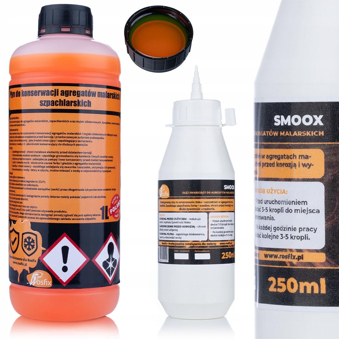 Rosfix Zestaw Serwisowy do Agregatu Malarskiego – Olej Smoox 0,25L + Płyn 3w1 1L | Wydłuża Żywotność | Kompatybilny z Graco i Wagner