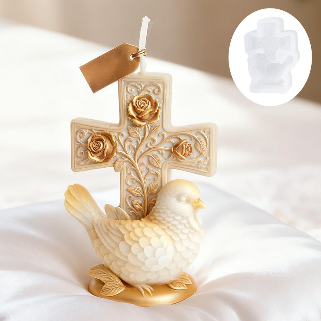 Religious-themed cross and dove candle mold, exquisitely detailed sacred object, handmade DIY faith candle, decoration for relig